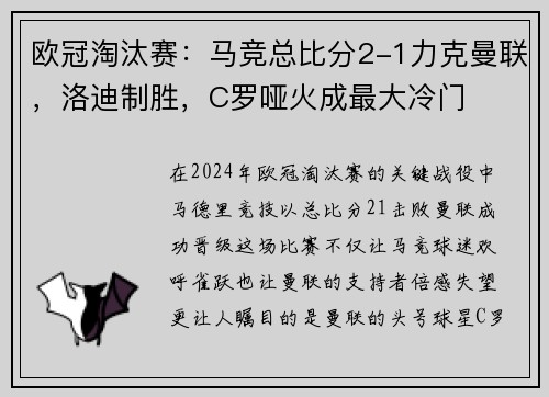 欧冠淘汰赛：马竞总比分2-1力克曼联，洛迪制胜，C罗哑火成最大冷门